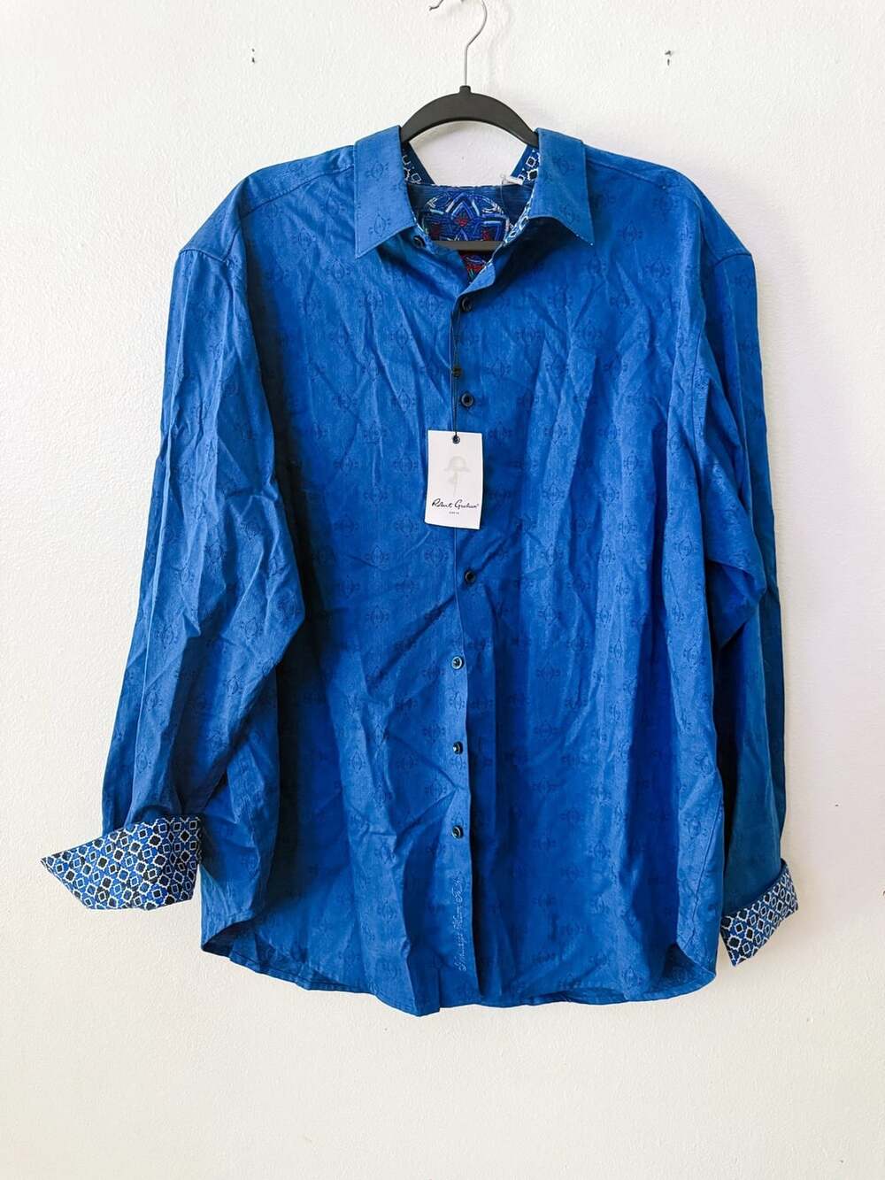 Robert Graham Cullen Jacquard Blue Long Sleeve Button Up Shirt with Flip Cuffs N